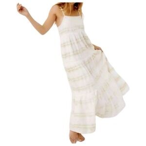 Aerie Tiered Cottagecore White Tan Sleeveless 100% Cotton Boho Maxi Dress Size S